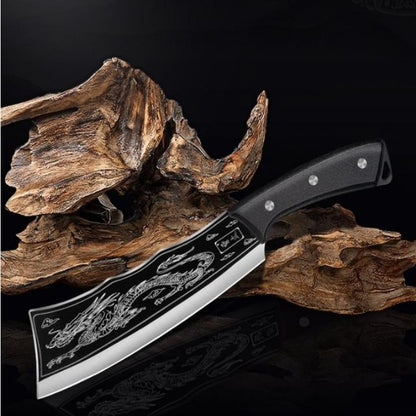 Handgefertigtes Drachenmesser aus 4cr13 Stahl, 3D-Drachen-Gravur, scharfe Klinge, ergonomischer Holzgriff