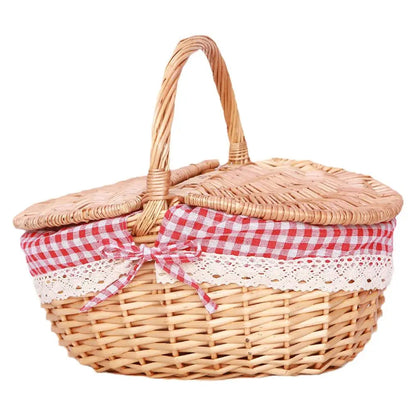Handgemachte Rieten Picknickmand mit Deksel und Handvat, Wilg Geweven, Wasbare Voering, Opslagmand für Kamperen, 26x18x15cm, Weiß und Rot