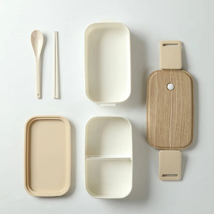 Doppellagige Lunchbox mit Holzoptik – Inklusive Essstäbchen und Löffel – Ideal für Büro, Schule, Picknick & Camping