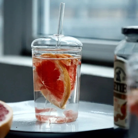 Glasbecher mit Deckel und Strohhalm – 450 ml, hitzebeständig, ideal für Saft, Wasser und Eiskaffee