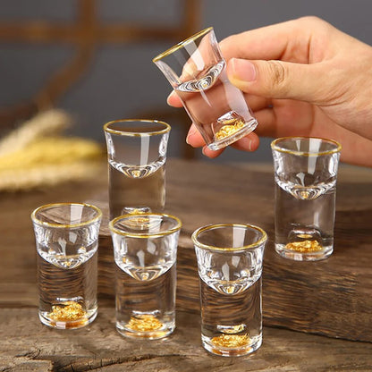 Set aus 6 Kristall Wodkagläsern – Doppelwandig – Goldfolie – 10 ml