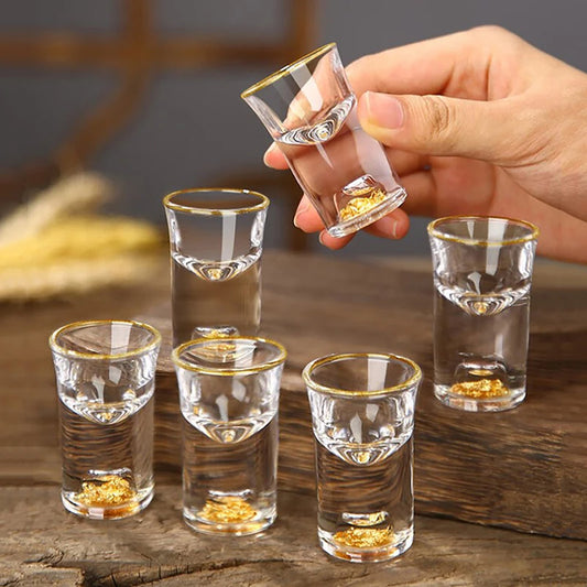 Set aus 6 Kristall Wodkagläsern – Doppelwandig – Goldfolie – 10 ml