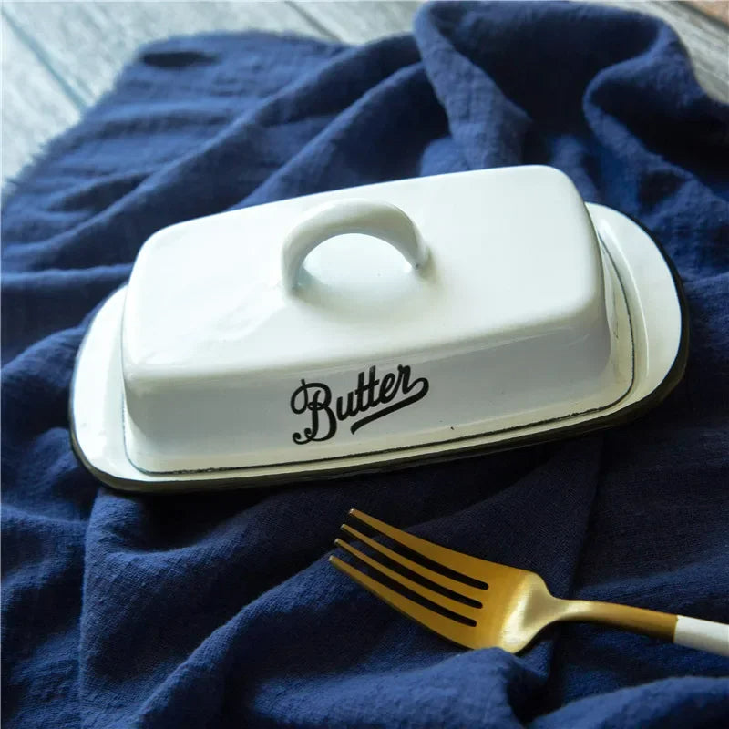 Retro Emaille Snackbox mit Deckel – Weiß/Grün – Butter- und Käsebox für Küche und Zuhause