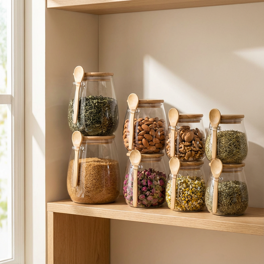 Luftdichter Glasbehälter mit Holzdeckel und Löffel