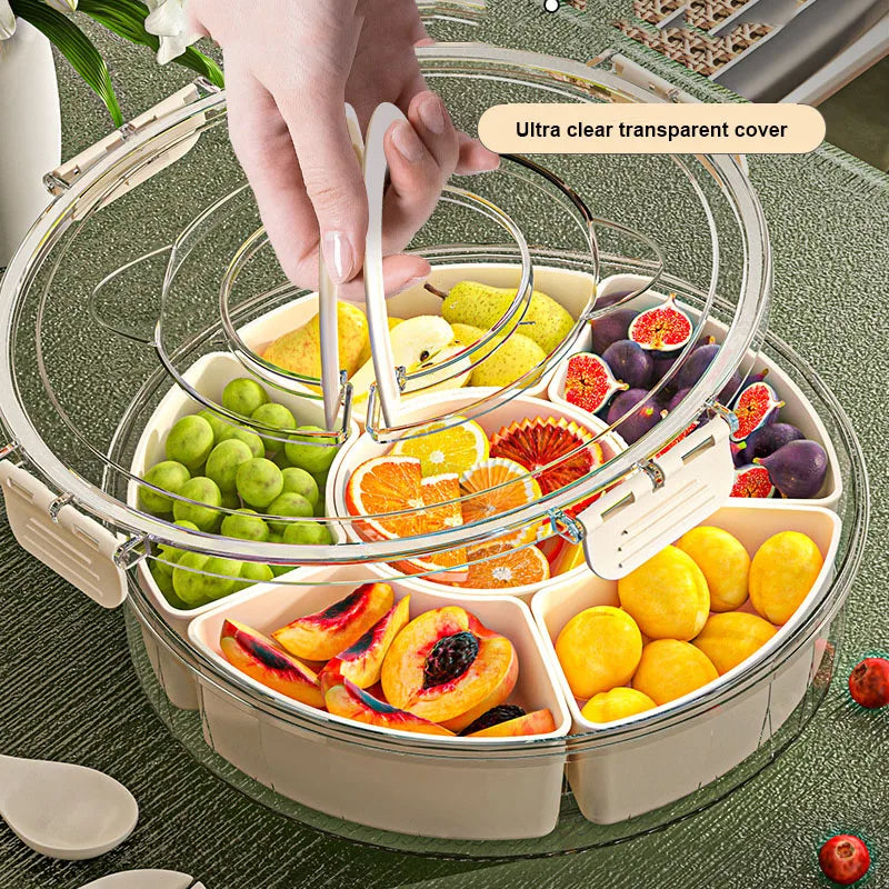 Runde Snackbox mit Deckel und Griff – 6 Fächer, drehbares Design, luftdicht & feuchtigkeitsbeständig