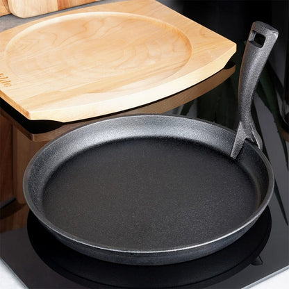Gusseisen Servierpfanne mit Holzbrett – 22 cm, abnehmbarer Griff, für Herd & Ofen