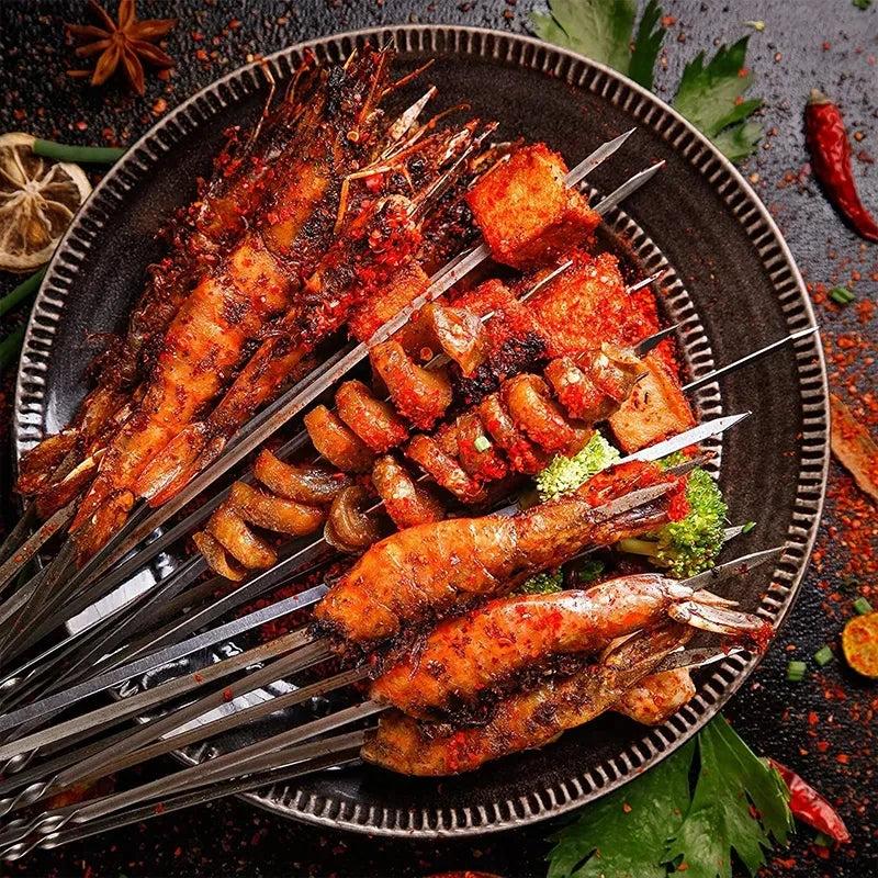 BBQ Grillspieße – Edelstahl, Flach & Wiederverwendbar – 10 Stück mit Aufbewahrungsröhre