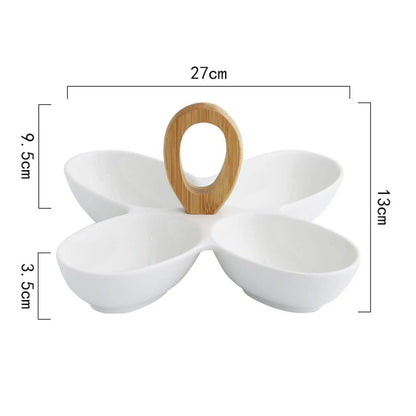 Keramische Snackschale – Geteiltes Serviertablett mit 4 Fächern, Bambusgriff, 27x13 cm