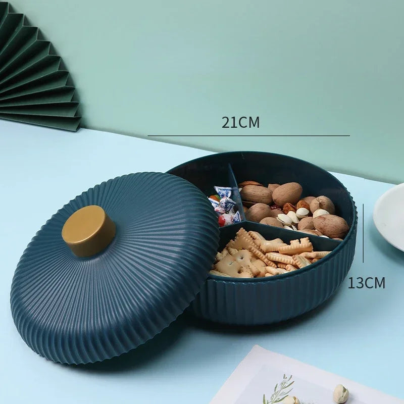 Servierschale mit Deckel – 4 Fächer – Aufbewahrungsbox für Snacks, Trockenfrüchte & Süßigkeiten – 21 x 13 cm
