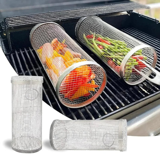Tragbarer rollender Grillkorb aus Edelstahl – Kompakter BBQ-Korb für Camping und Garten, rostfrei, leicht zu reinigen