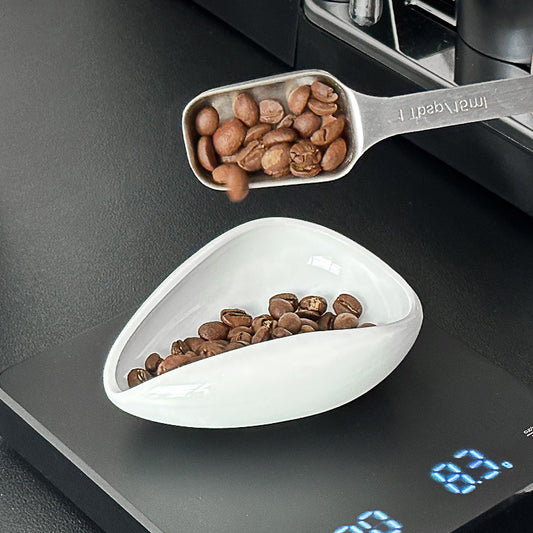 Kaffebohnendosierer Keramik/Walnuss Holz mit Löffel – Espresso Waage und Messbecher für Zuhause