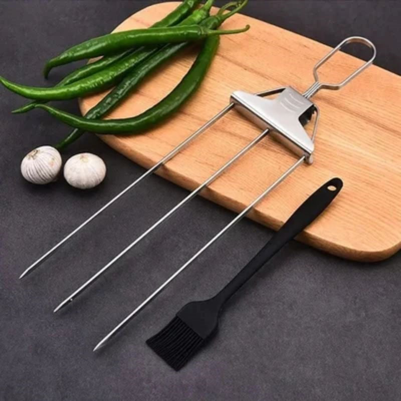 2er Set 3-Wege Grillspieße aus Edelstahl, gleichmäßiges Garen für Fleisch, Gemüse und Fisch