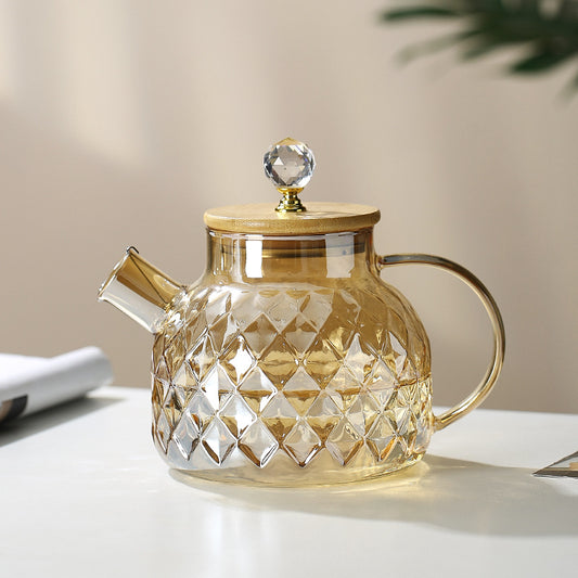 Champagner Teekanne aus Glas mit Bambusdeckel und abnehmbarem Filter, für losen Tee und Früchtetee, 1L / 1,5L / 1,8L