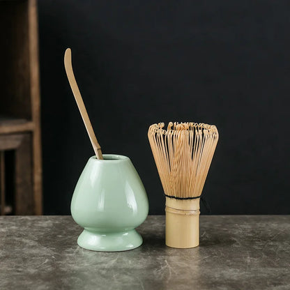 3-in-1 Matcha Set Bambusbesen Teelöffel Keramikstand Traditionelles Teeset für Zuhause, Zubehör und Geschenk