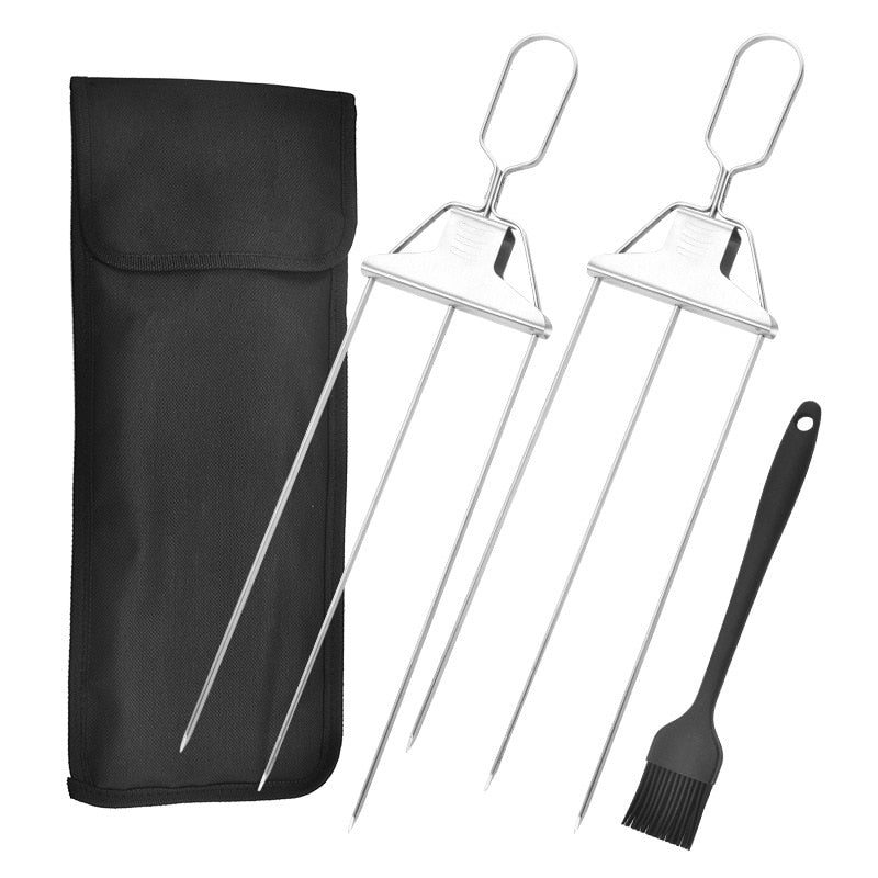 2er Set 3-Wege Grillspieße aus Edelstahl, gleichmäßiges Garen für Fleisch, Gemüse und Fisch