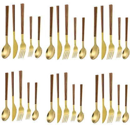 Edelstahl Besteckset mit Imitation Holzgriff, 30-teilig, Servierbesteck für 6 Personen, Plant Design