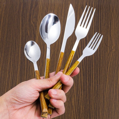 Edelstahl Besteckset mit Imitation Holzgriff, 30-teilig, Servierbesteck für 6 Personen, Plant Design
