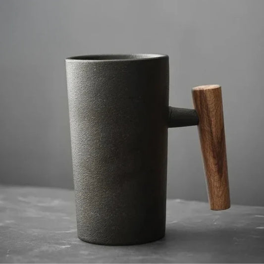 Vintage Kaffeebecher aus Steingut, mit Holzgriff, 220ml, rustikales Design, ideal für Kaffee und Tee