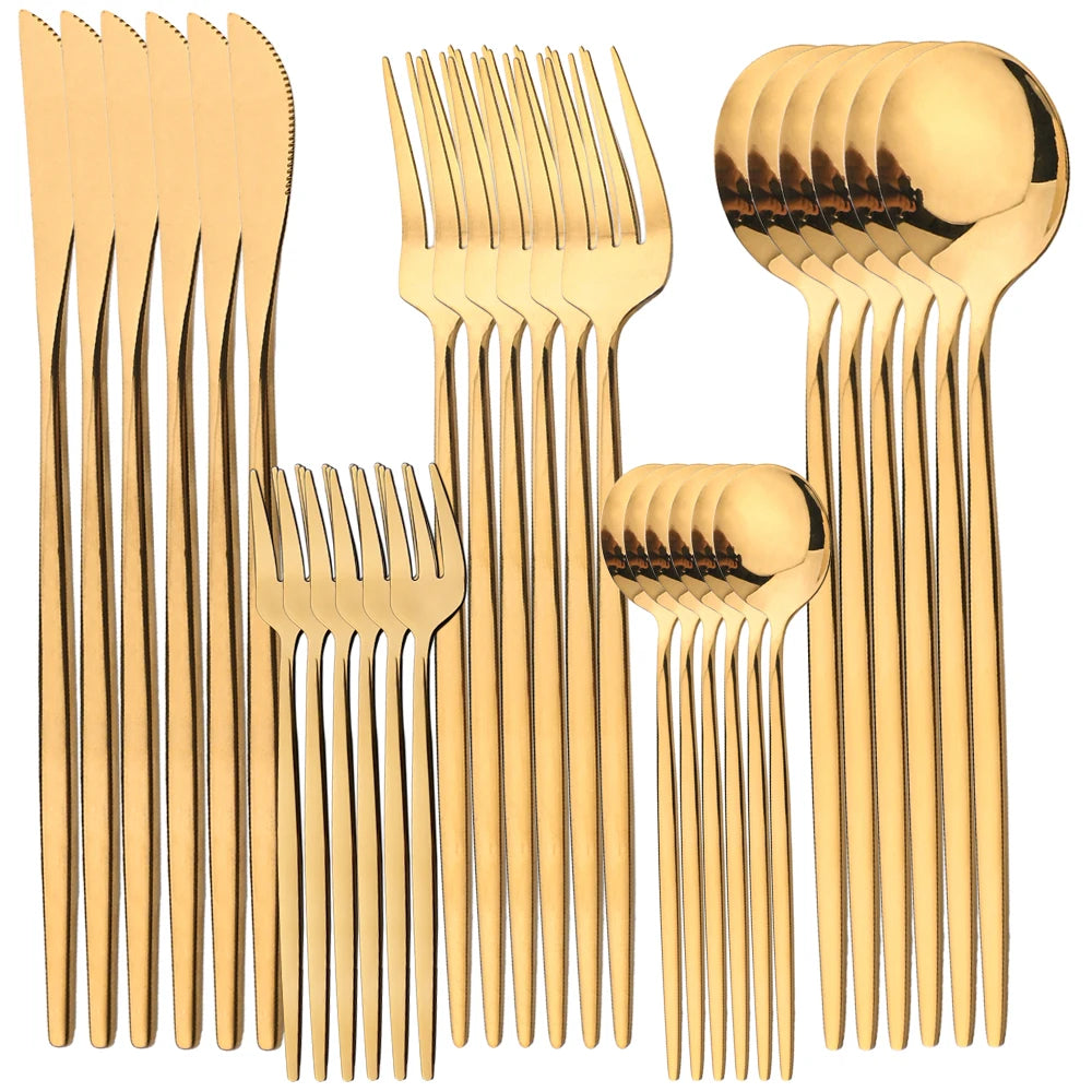 30-teiliges Besteck Set aus Edelstahl, Goldfarben, Hochglanzpoliert, Messer, Gabel, Löffel, Komplettes Tafelbesteck