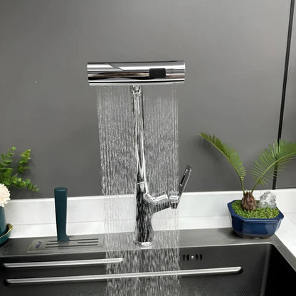 Wasserfall Küchenarmatur - 360° schwenkbarer Wasserhahn für Küche mit Ausziehbrause, Edelstahl, Hochdruck, Modernes Design