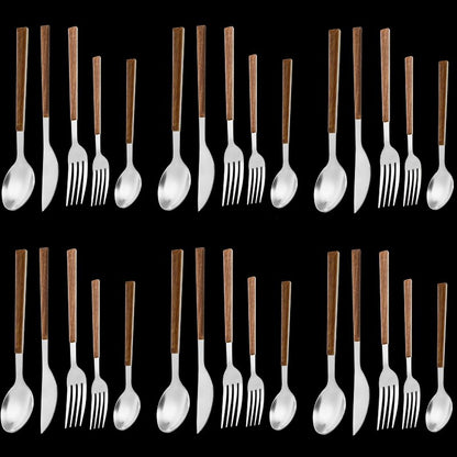 Edelstahl Besteckset mit Imitation Holzgriff, 30-teilig, Servierbesteck für 6 Personen, Plant Design