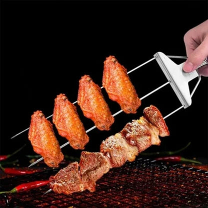 2er Set 3-Wege Grillspieße aus Edelstahl, gleichmäßiges Garen für Fleisch, Gemüse und Fisch