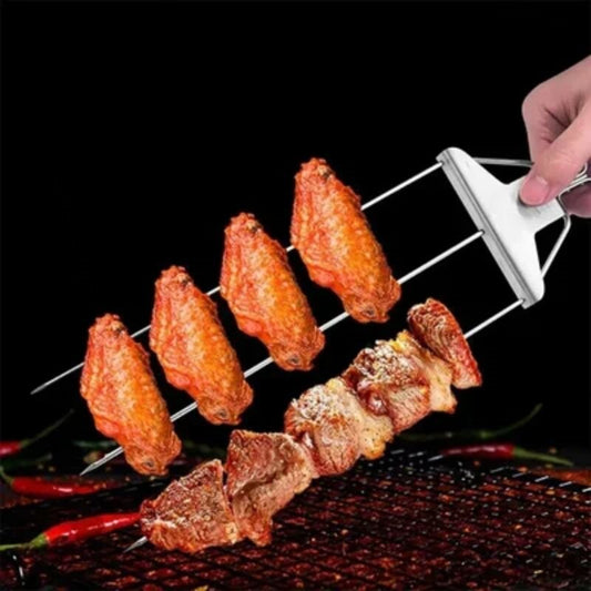 2er Set 3-Wege Grillspieße aus Edelstahl, gleichmäßiges Garen für Fleisch, Gemüse und Fisch