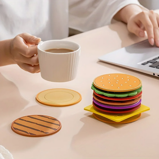 8 Stück Burger Form Coaster Set Silikon Isoliermatte für Tassen und Becher, Kreativ, Kinder Geschenk, Esszimmer Dekoration