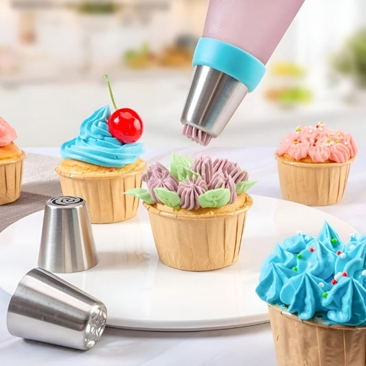Kreatives Tüllenset aus Edelstahl – 18 Tüllen, 1 Spritzbeutel, 5 Adapter – Für Kuchendekoration und Backkunst