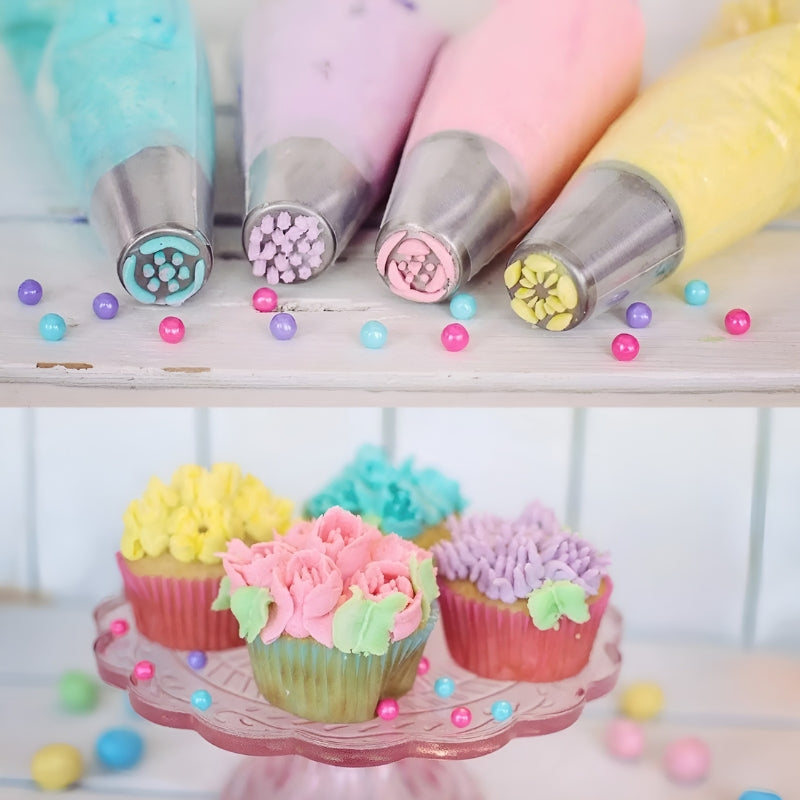 Kreatives Tüllenset aus Edelstahl – 18 Tüllen, 1 Spritzbeutel, 5 Adapter – Für Kuchendekoration und Backkunst