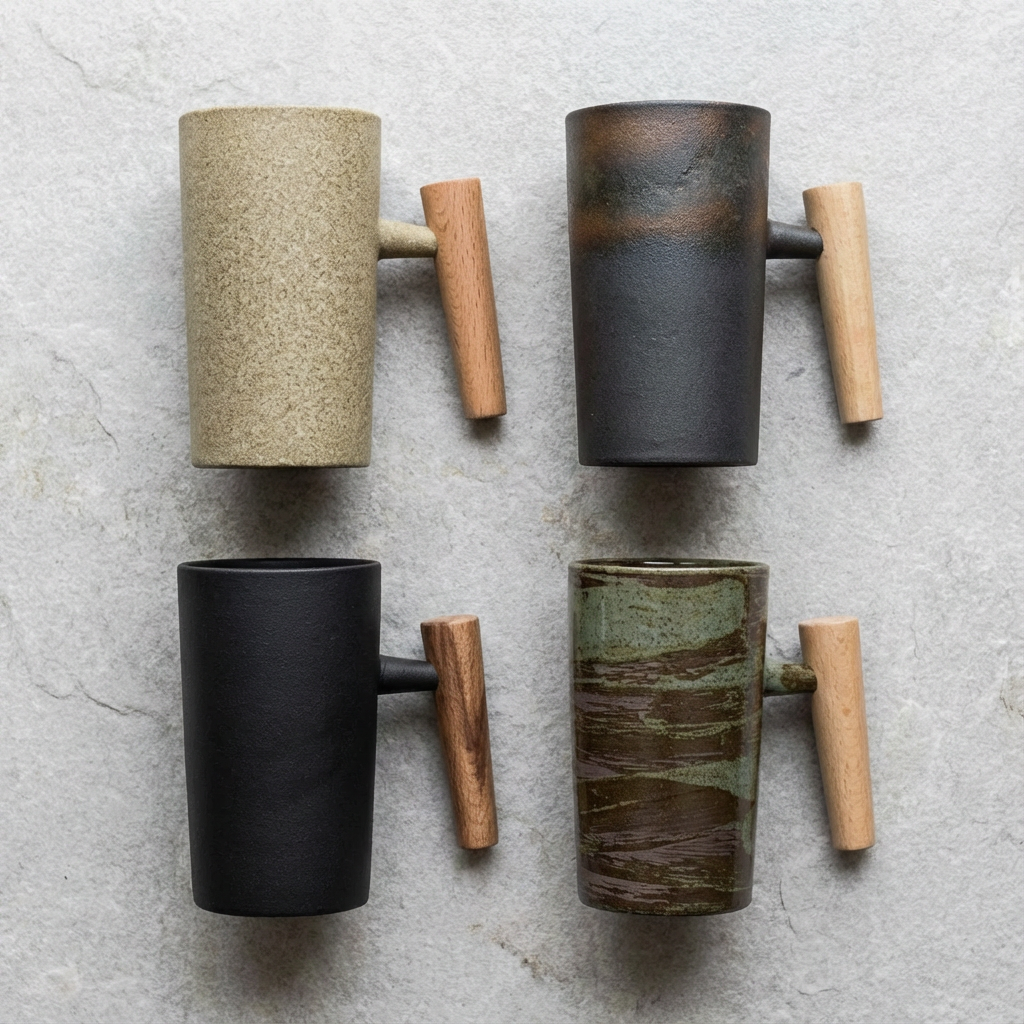 Kaffeebecher aus Steinzeug mit Holzgriff