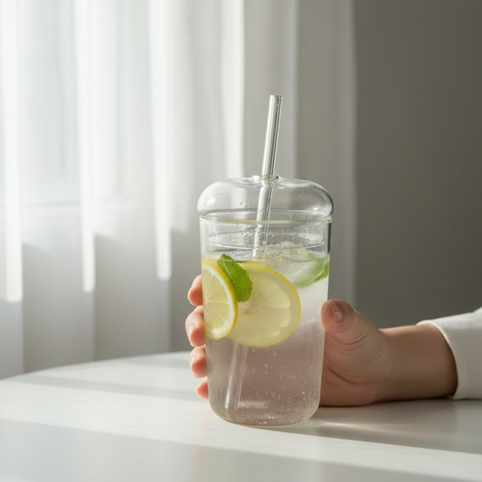 Glastrinkbecher mit Deckel und Trinkhalm