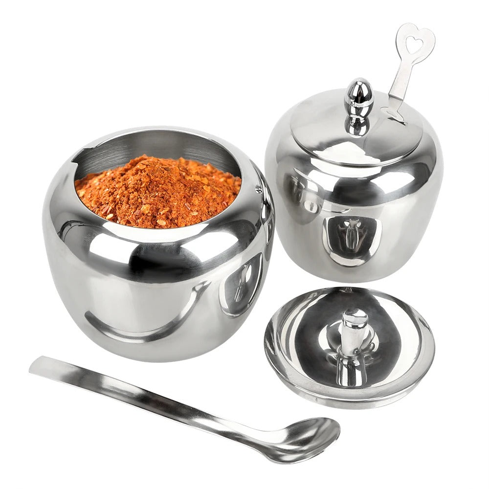 Edelstahl Zuckerdose mit Deckel und Löffel – Apfelform, 300 ml / 500 ml, Spülmaschinenfest