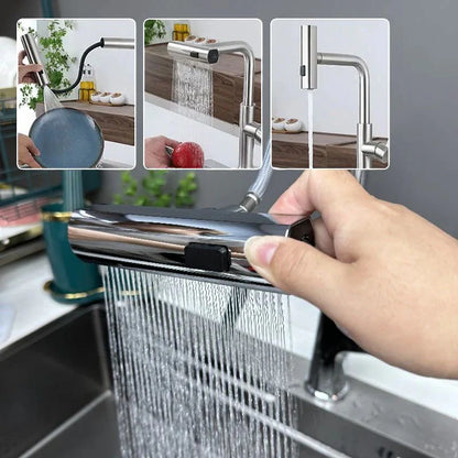 Wasserfall Küchenarmatur - 360° schwenkbarer Wasserhahn für Küche mit Ausziehbrause, Edelstahl, Hochdruck, Modernes Design