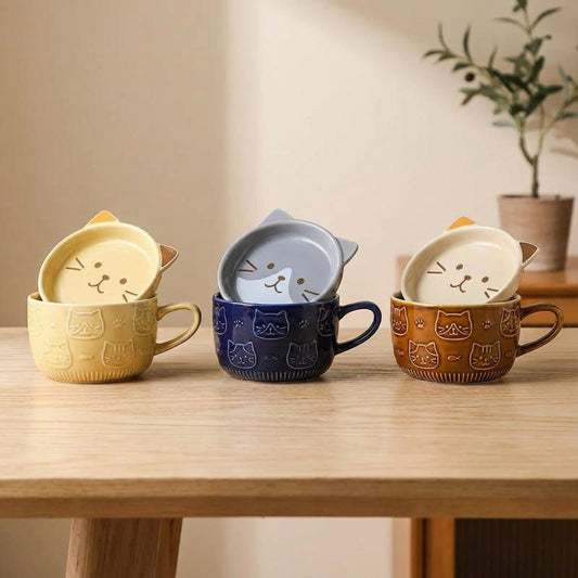 Keramiktasse mit Deckel – Katzenmotiv