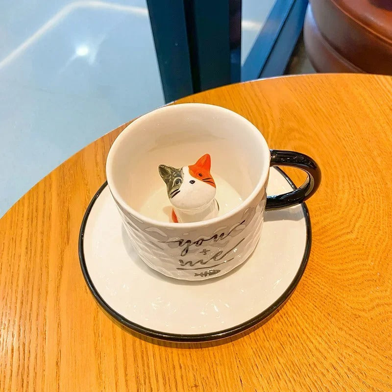 Keramik Katzenbecher mit Pfotendesign – 3D Tassen-Set mit Unterteller, für Kaffee & Tee