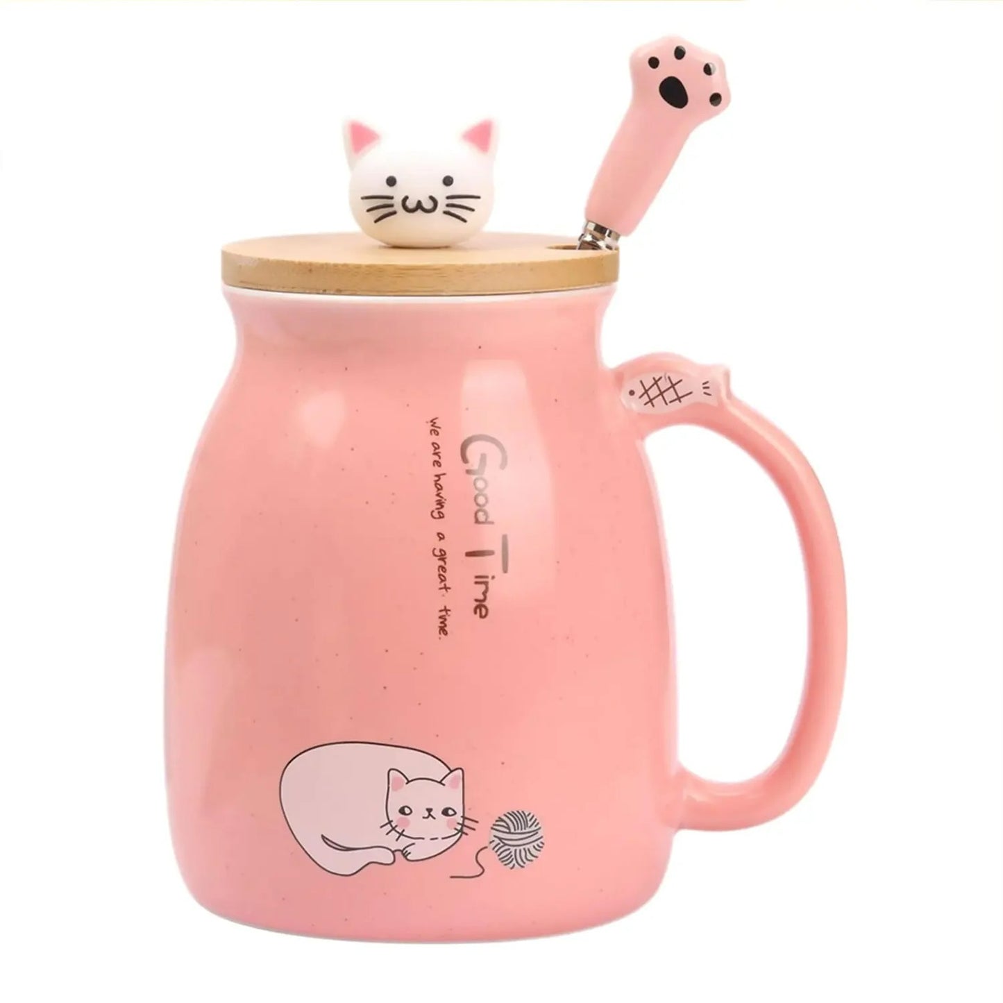 Keramische Theekop mit Kitty Deksel und Lepel, Japanische Stil, 16oz