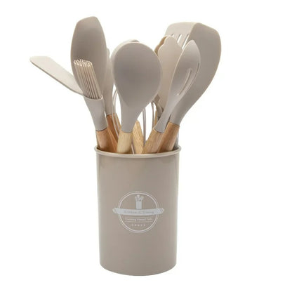 12-teiliges Küchenutensilien-Set aus Silikon mit Holzgriff – Antihaft, Hitzebeständig, Inklusive Aufbewahrungseimer