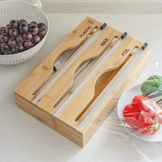 1 Stück Frischhaltefolienschneider Wandmontage Bambus Organizer mit Mehrfachfächern