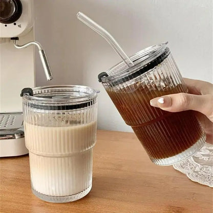 Glas Kaffeebecher mit Deckel und Strohhalm, hitzebeständiges Glas, Trinkbecher, 400ml