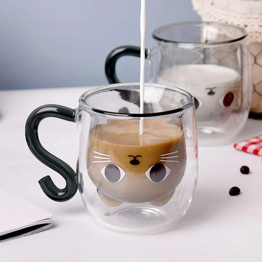 Doppelwandiger Katzen-Glasbecher mit Henkel – 280ml