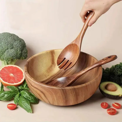 2-teiliges Servies Set aus Holz – Große Löffel und Gabel im japanischen Stil für Salat und Servieren – Langer Griff, Küchenutensilien
