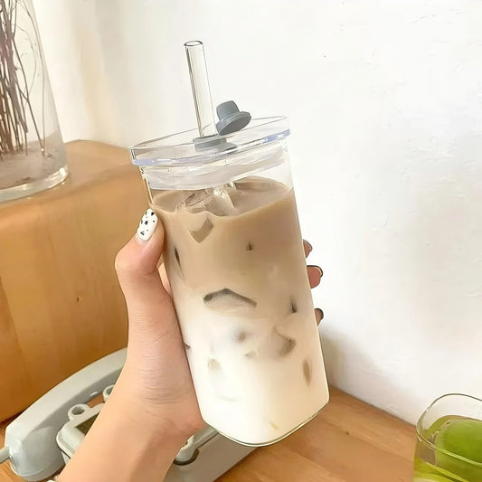 400ml hitzebeständiges Kaffeeglas mit Strohhalm und Deckel – transparenter Becher für Saft, Milchkaffee und Tee