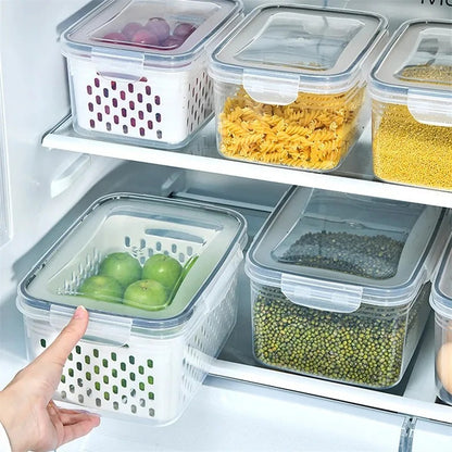 Kühlschrank Organizer Aufbewahrungsbox für Gemüse und Obst mit Abtropfkorb, 850ML–3300ML