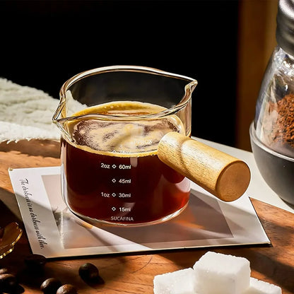 Glas Maatbeker mit Holzgriff, Espresso Messbecher, Doppel- und Einzelauslauf, Transparente Kaffeetasse für Milchkaffee, Kaffeebedarf