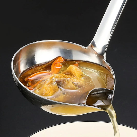 Edelstahl Suppenkelle mit Fetttrenner – Ölabscheider für Suppe und Soße, 28 x 8 cm, Langlebige Küchenutensilien