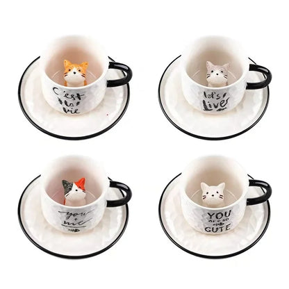 Keramik Katzenbecher mit Pfotendesign – 3D Tassen-Set mit Unterteller, für Kaffee & Tee