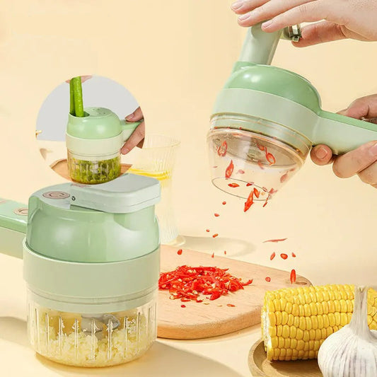 4-in-1 Elektrischer Gemüseschneider Set – Handheld Kabelloser Knoblauchhacker, Fleischwolf und Lebensmittelschneider – 40W