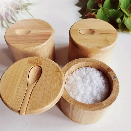 Bambus Gewürzbehälter mit Deckel – Multifunktionale Kräuterbox 9x9x7 cm mit Löffel