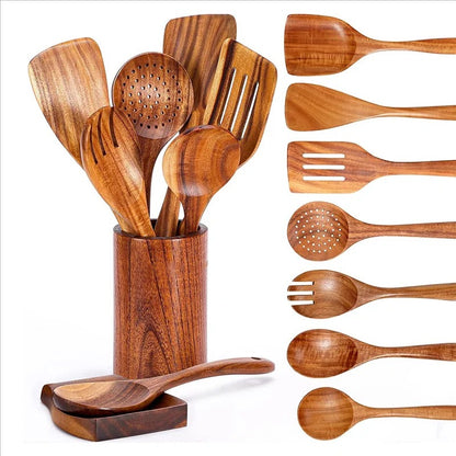 9-teiliges Küchenutensilien-Set aus Holz mit Halter und Löffelablage – Teakholz, hitzebeständig